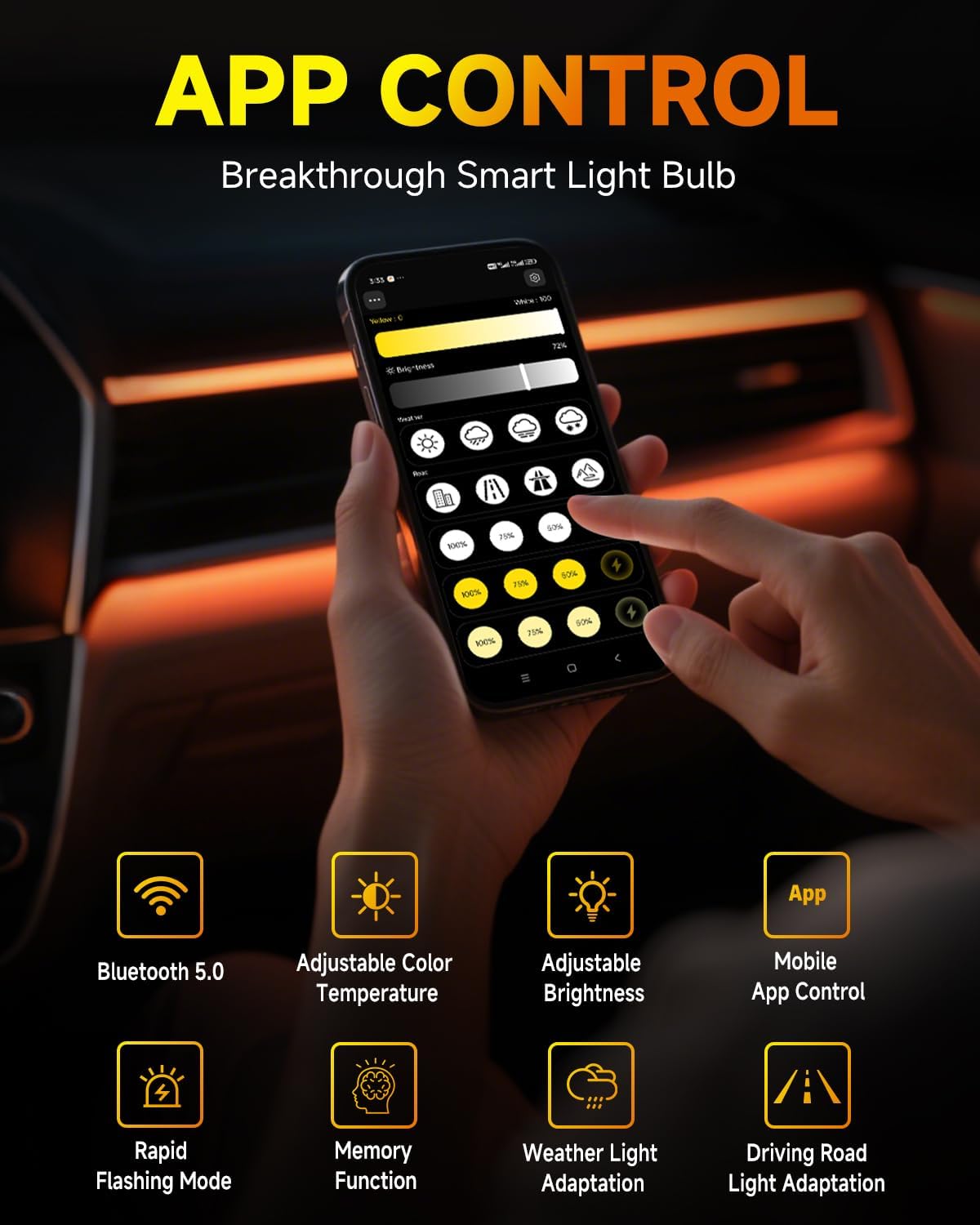 Smart H4 Light Bulb, 0-75000LM 1500% Super Brighter, App-Controlled Dimming & Color Temperature, 3000K Yellow to 6500K Cool White for Bluetooth 9003/HB2 Fog Light, Plug and Play, Pack of 2