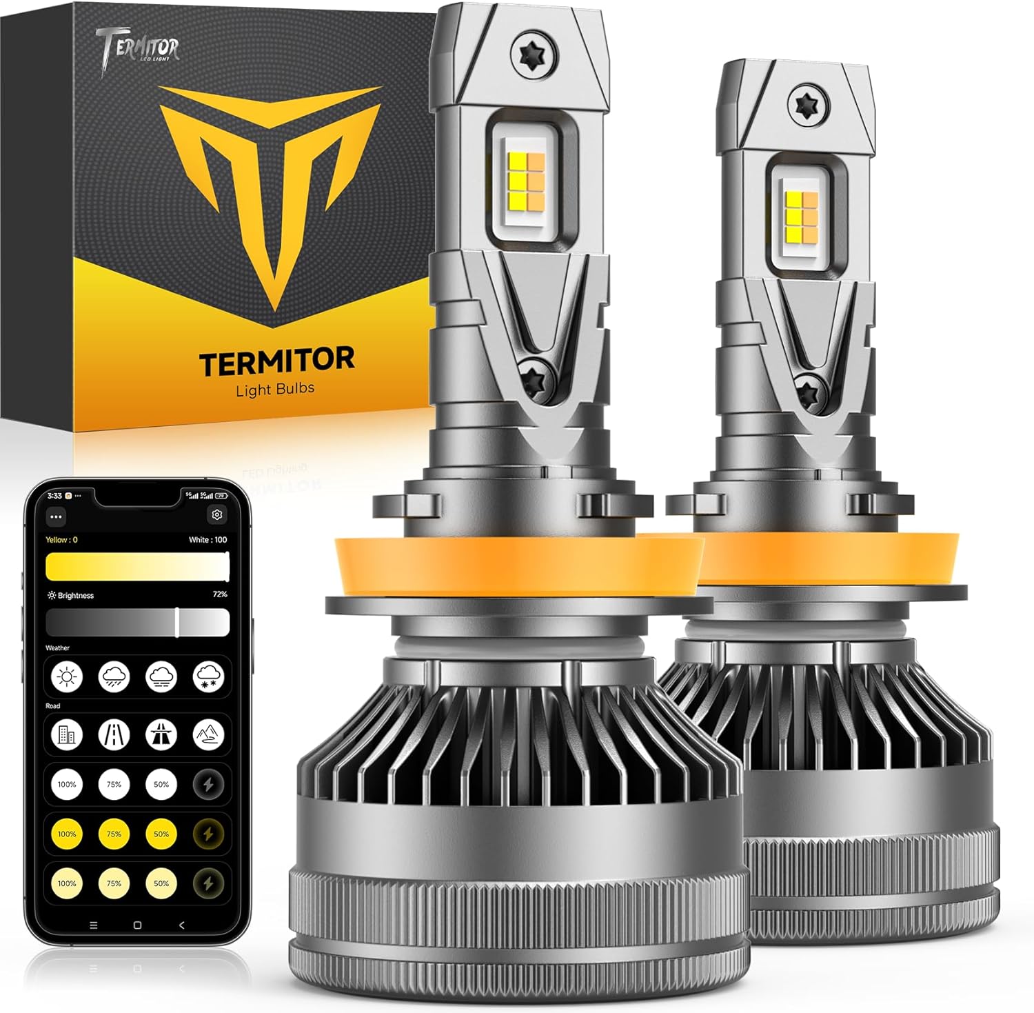 Latest H11/H9/H8 Smart Light Bulb, Up 15X 0-90,000LM Variable Brightness, 3000K to 6500K App Control Color, One-touch Driving Mode Switching, 360° Adjustable Quick Install, Pack of 2