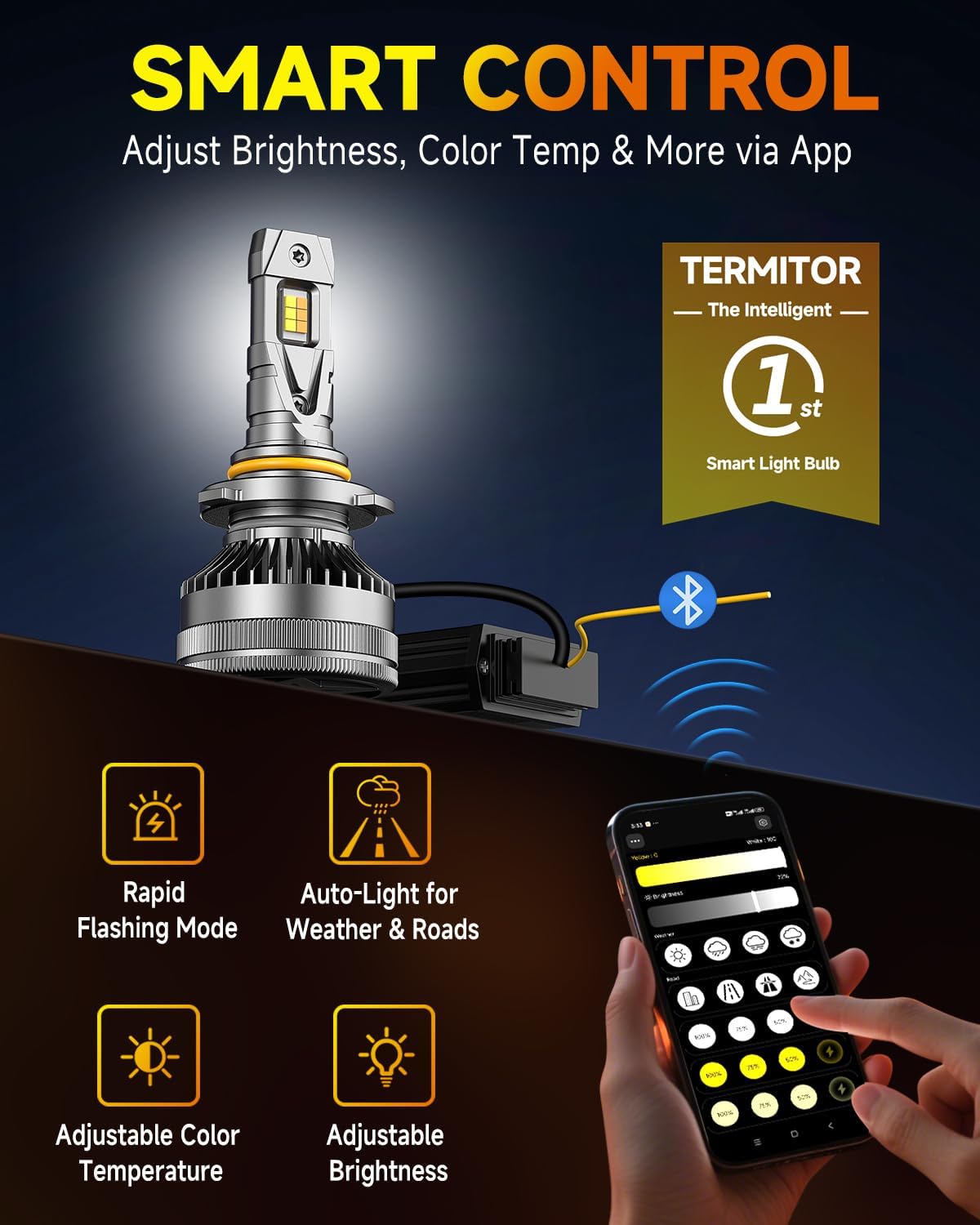 Latest 9005/HB3 Smart Light Bulbs, Up 15X 0-90,000LM Variable Brightness, 3000K to 6500K Variable Color, App Control One-touch Driving Mode Switching, 360° Adjustable Quick Install, Pack of 2