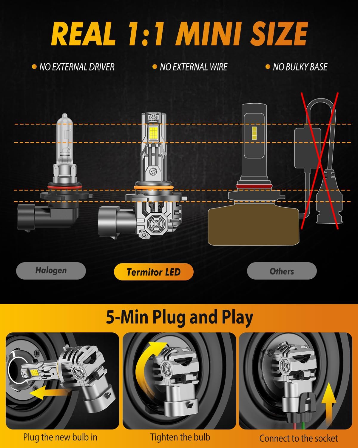 9006 LED Bulbs, 50000LM Super Bright, Real 1:1 Design, 6500K Cool White, Daytime Running Light Modules, 5 Min Quick Plug and Play, IP68, HB4 Light Bulb for Stock Halogen Replacement, Pack of 2