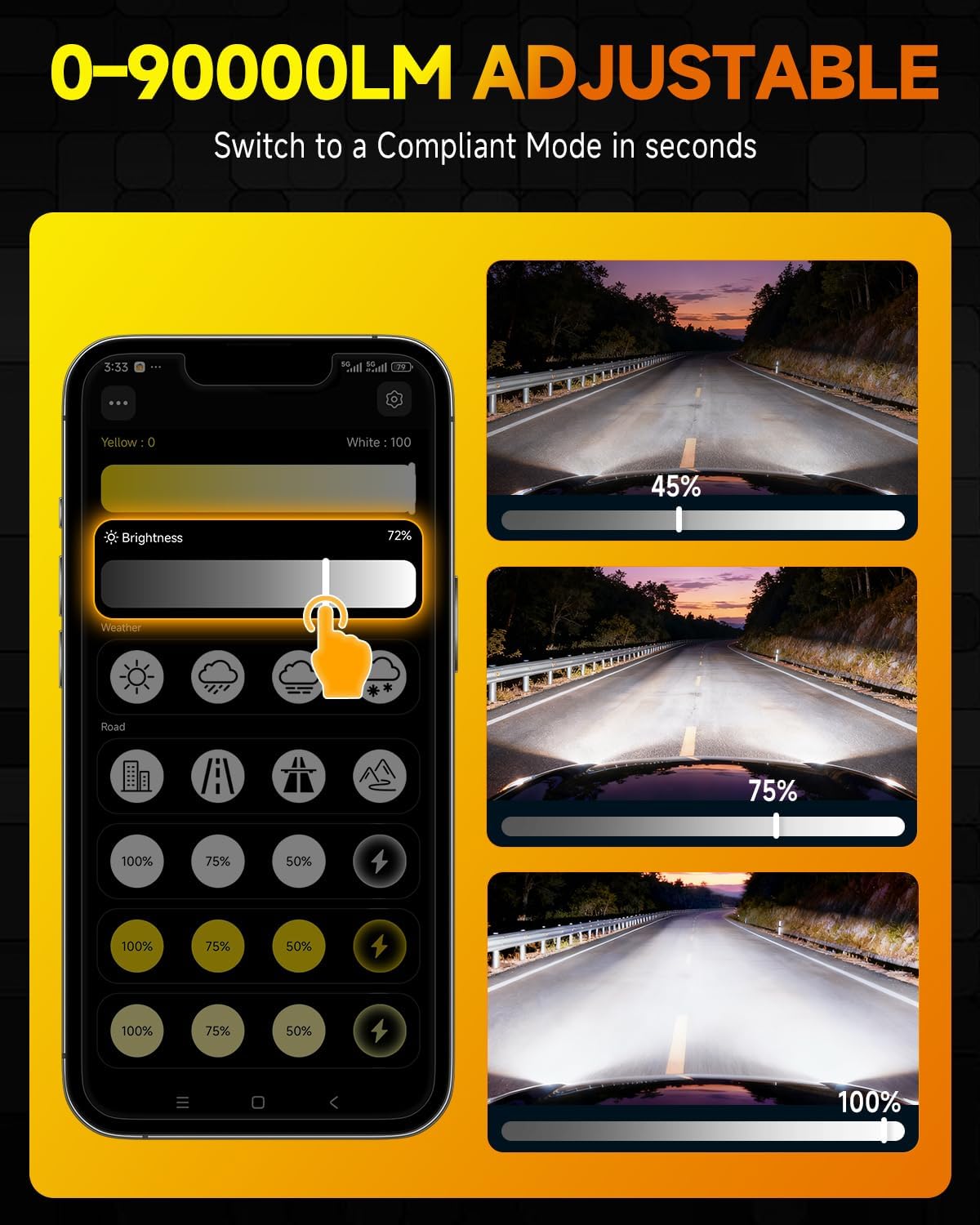 Latest 9005/HB3 Smart Light Bulbs, Up 15X 0-90,000LM Variable Brightness, 3000K to 6500K Variable Color, App Control One-touch Driving Mode Switching, 360° Adjustable Quick Install, Pack of 2