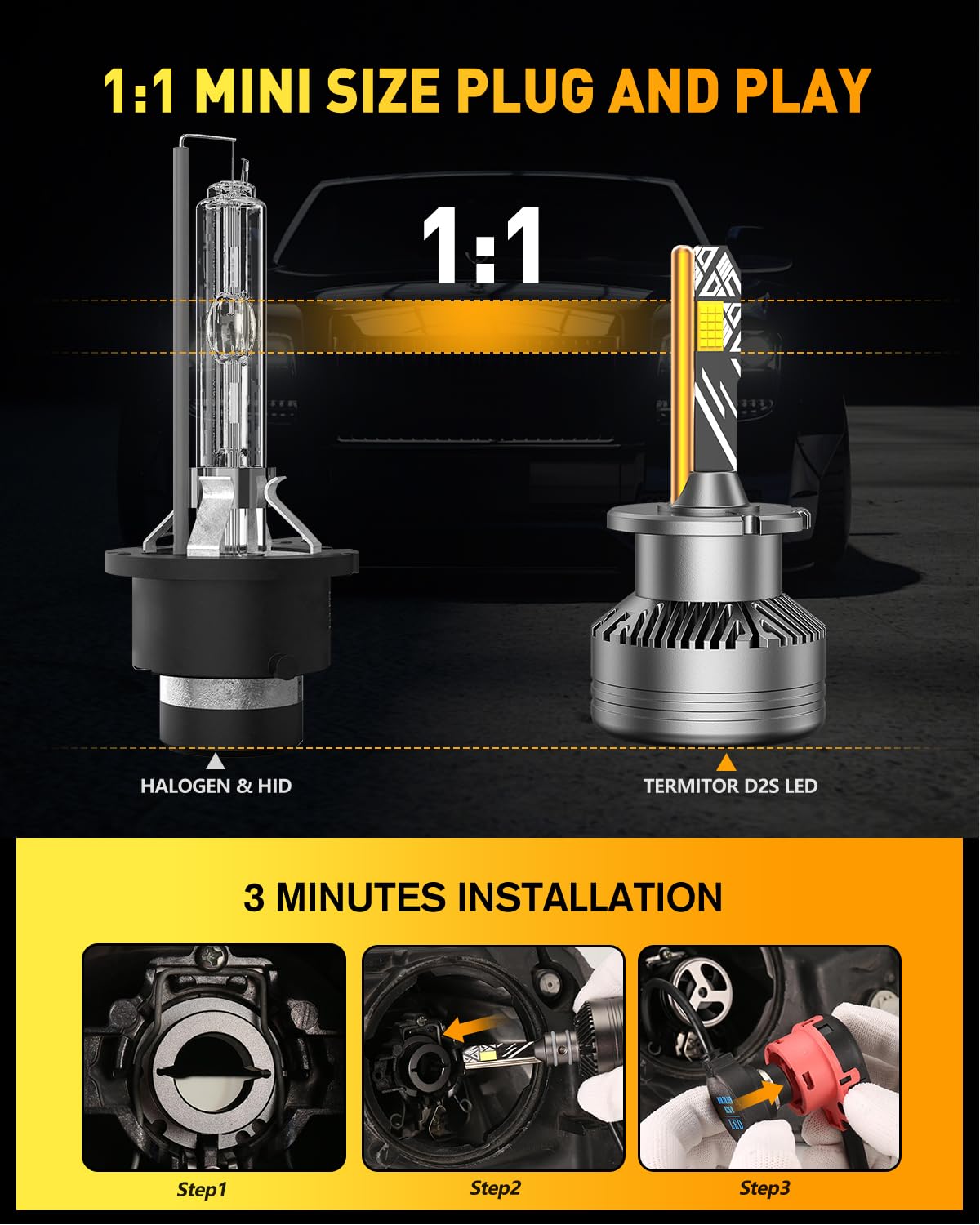 D2S/D2R LED Bulbs, 36,000LM, 900% Brighter, 6500K Cool White, 1:1 HID Size